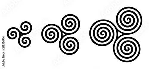 Black celtic triskelion spirals over white. Triple spirals with two, three and four turns. Motifs of three twisted and connected spirals, exhibiting rotational symmetry. Isolated illustration. Vector.