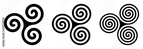 Three black celtic triskelion spirals over white. Triple spirals with two, three and four turns. Motifs of twisted and connected spirals, exhibiting rotational symmetry. Isolated illustration. Vector. photo