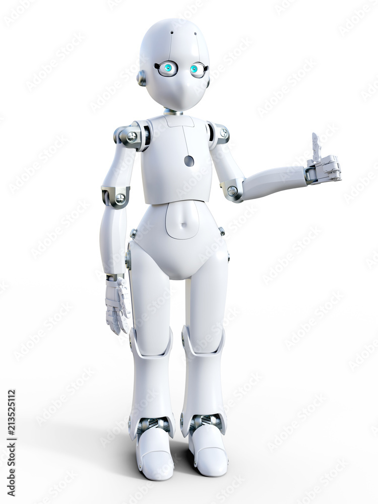 3D rendering of a white cartoon robot doing a thumbs up. 3D rendering of a white cartoon robot doing a thumbs up.