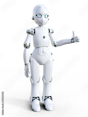 3D rendering of a white cartoon robot doing a thumbs up.