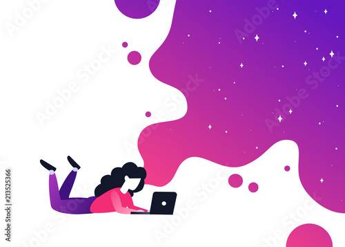 Vector ultra violet gradient illustration of creativity. Concept with bright colorful splash. Young girl lying with laptop. Creative process and brainstorming.