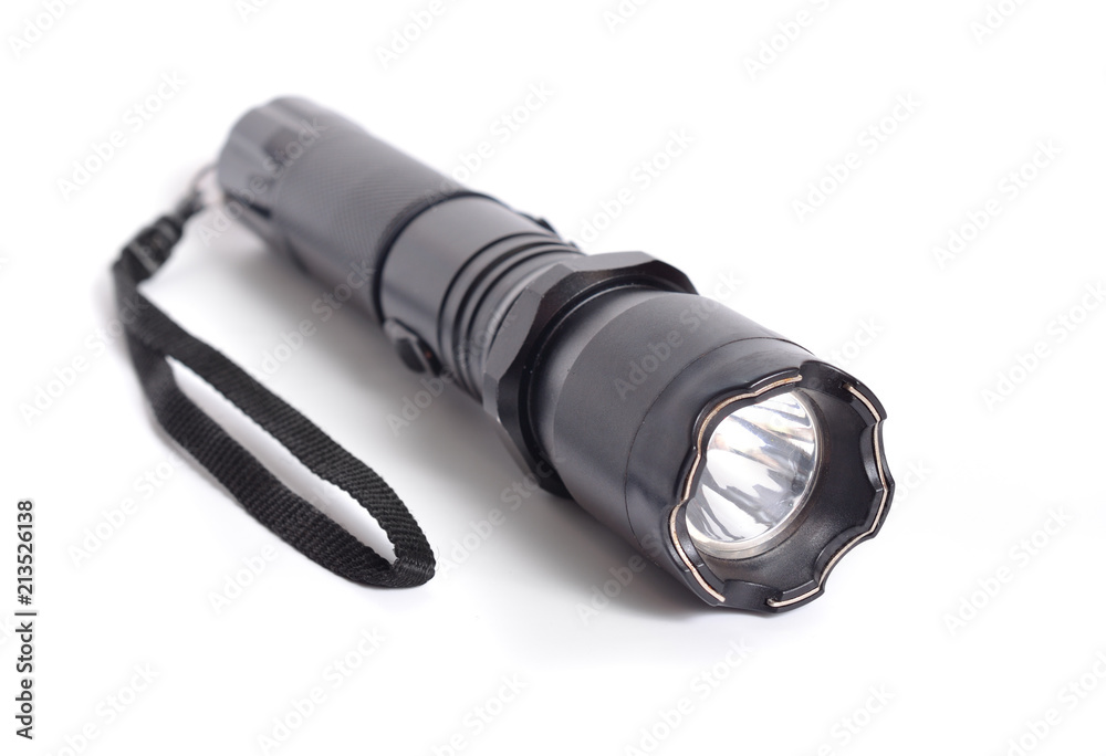 Shocker, Taser, Means of self-defense. Flashlight tazer isolated on white  background. Stock Photo