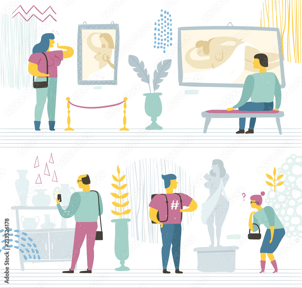 People in the modern museum look at paintings, sculptures, and various exhibits. Vector illustration