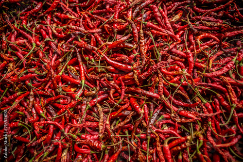 Dried Chilii in countryside in thailand, processing of Cayenne pepper for cooking Thai food.