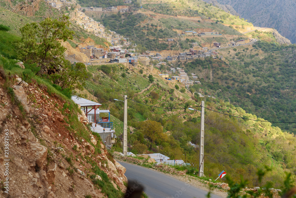 Howraman Valley with typical Kurdish village in Zagros Mountain. Kurdistan Province, Iran.