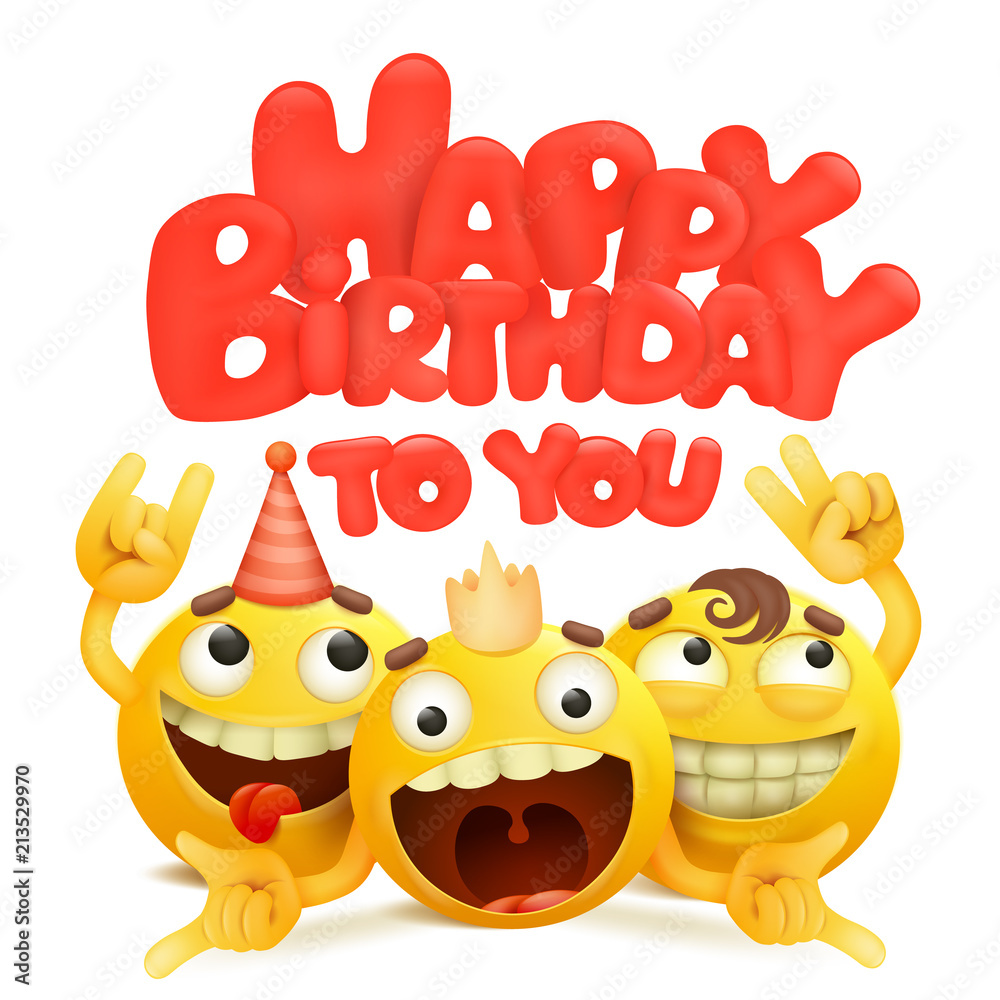 Happy birthday card with group of yellow emoji cartoon characters. Stock  Vector | Adobe Stock