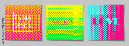 Set of square abstract backgrounds with halftone pattern in neon colors. Collection of gradient textures with geometric ornament. Design template of flyer, banner, cover, poster. Vector 