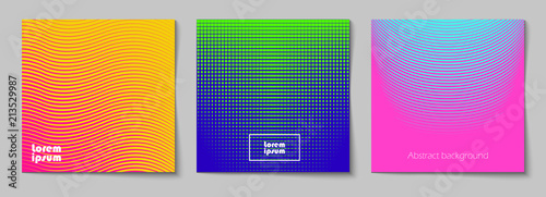 Set of square abstract backgrounds with halftone pattern in neon colors. Collection of gradient textures with geometric ornament. Design template of flyer, banner, cover, poster. Vector 