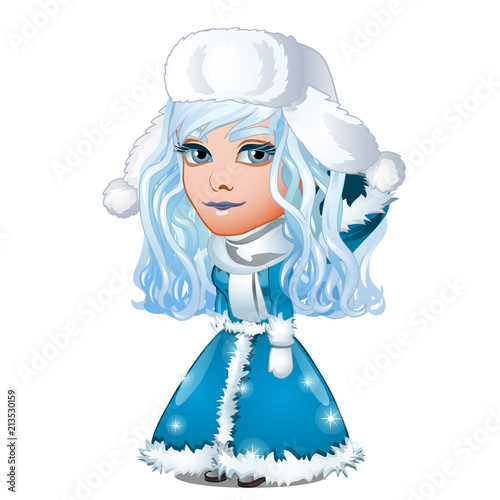 Blue-eyed beauty snow maiden in a fur cap with earflaps and a fur coat isolated on white background. Holiday party. Animated vector illustration.
