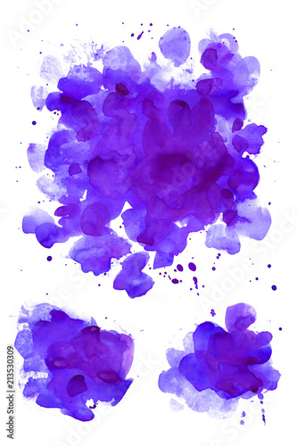 Ultra violet. Abstract paint spots on white background. Color watercolor stains and blots.