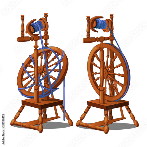 Set of a working and broken antique wooden spinning wheel with yarn and bobbins isolated on a white background. Vector illustration.
