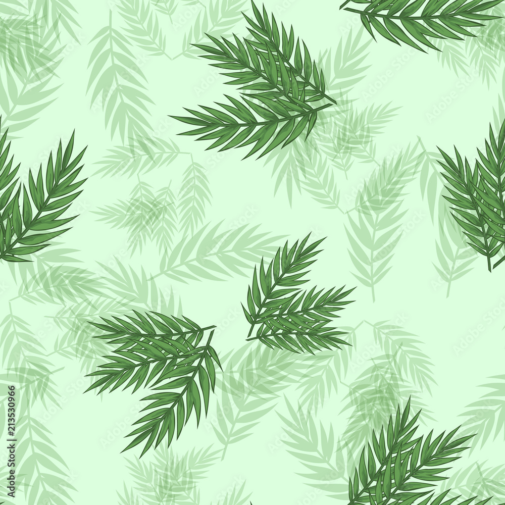 Seamless pattern of Eucalyptus palm fern different tree, foliage natural branches, green leaves, herbs, tropical plant hand drawn watercolor Vector fresh beauty rustic eco friendly background on green