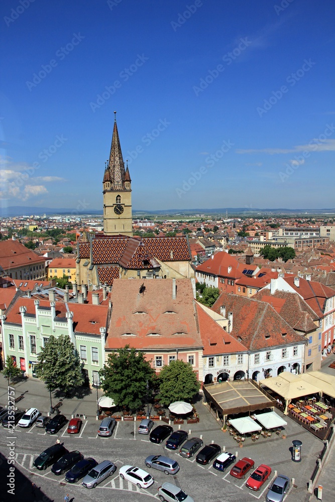 Top view of the Evangelist Cathedral in Sibiu city, Romania from the Tower of Council 