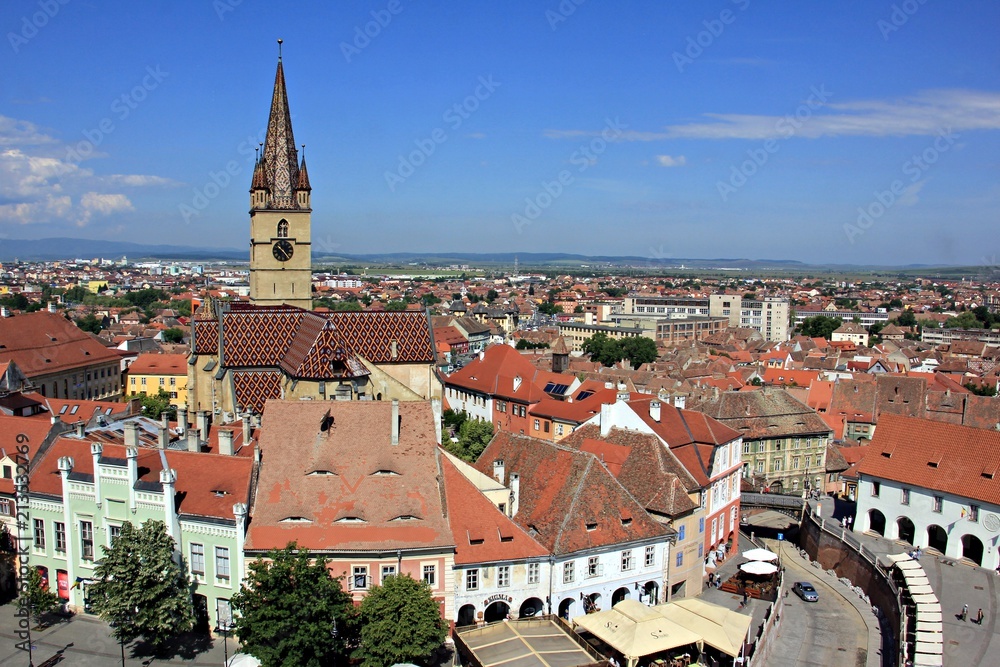 Top view of the Evangelist Cathedral in Sibiu city, Romania from the Tower of Council 