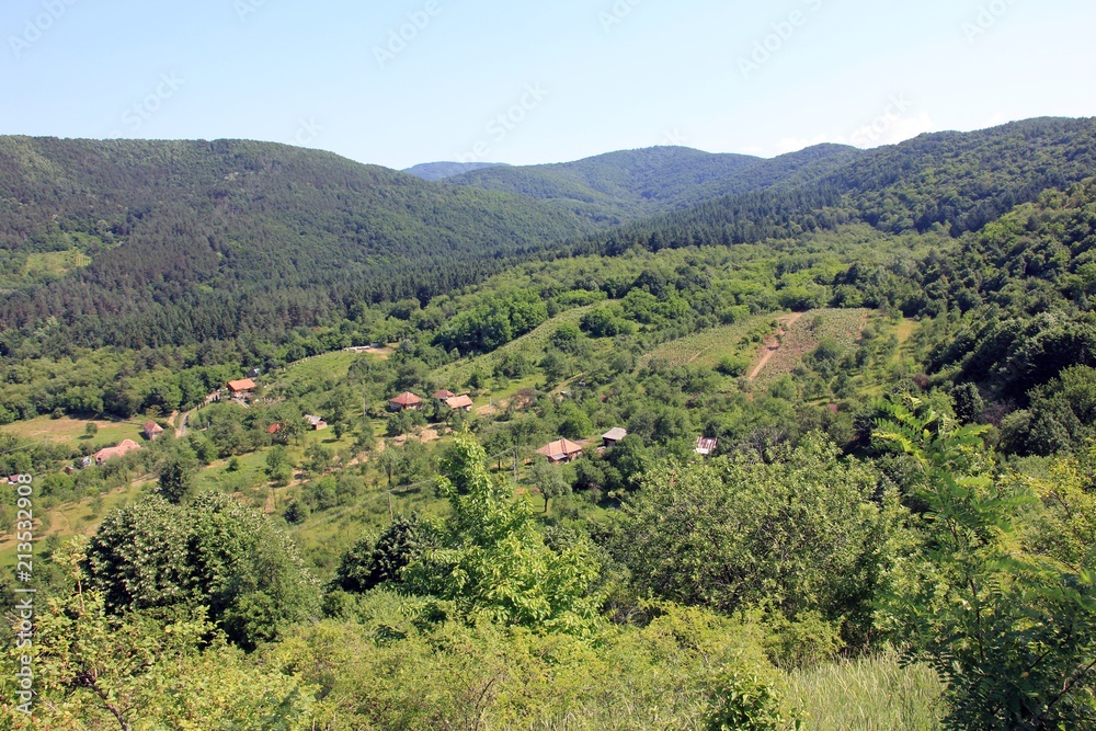 Panorama of a green hill, houses scattered on the hill slope. Preserved nature environment. 