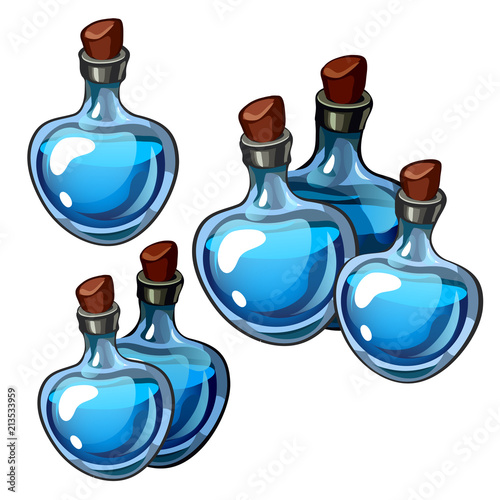 Set of beautiful vintage bottles blue glass isolated on white background. The secrets of beauty and longevity, perfumes. Vector illustration.