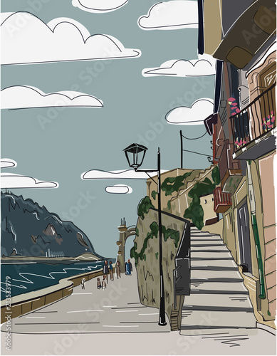 Street view old city sketch art Basque country Spain, houses with stairs, sidewalk and street lamp illustration