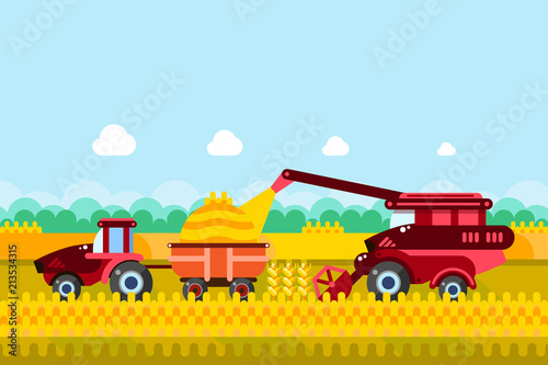 Farming and agriculture harvesting concept. Vector illustration of combine and tractor on wheat or corn cereal field.