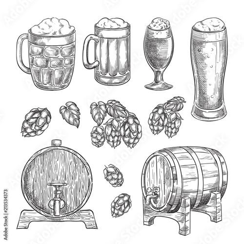 Beer sketch vector illustration. Glasses, mugs, hops, barrel hand drawn isolated elements for pub and bar design