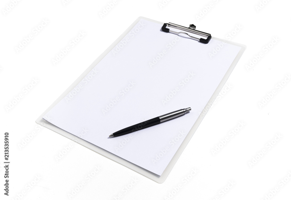 Clipboard with white sheet and pen isolated on a white background. Top view. Mock up for word. Clipboard with white sheet and pen isolated on a white background. Top view. Mock up for word.