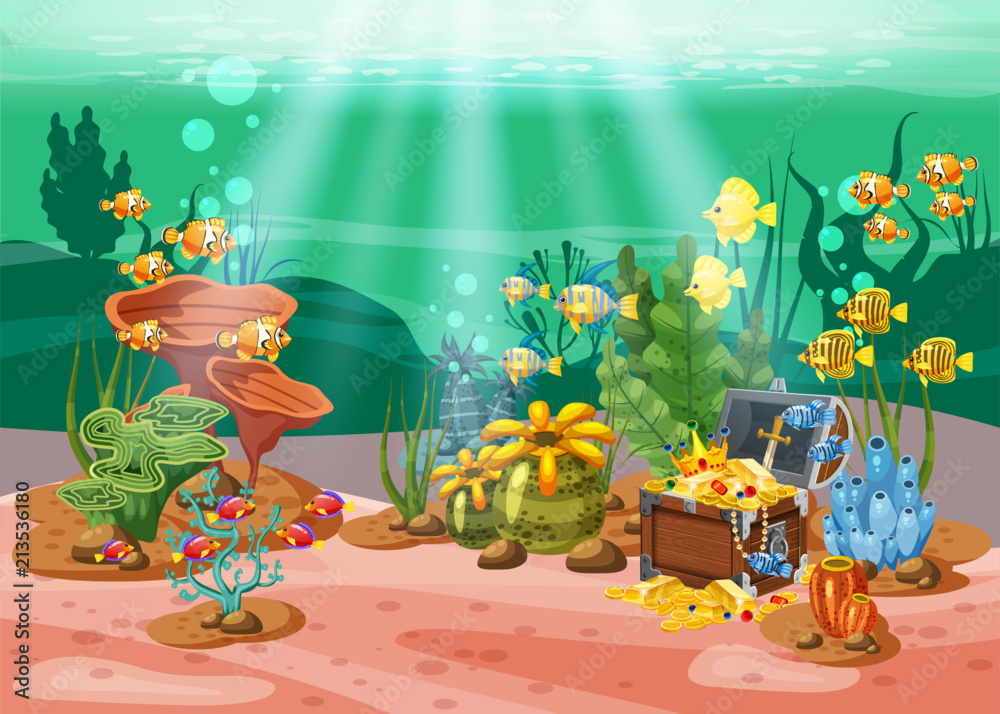 Fototapeta premium Underwater treasure, chest at the bottom of the ocean, gold, jewelry on the seabed. Underwater landscape, corals, seaweed, tropical fish, vector, cartoon style, isolated