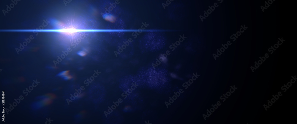 beautiful blue lens flare effect overlay texture with bokeh effect and  anamorphic light streak in front of a black background, cinematic format  Stock Illustration
