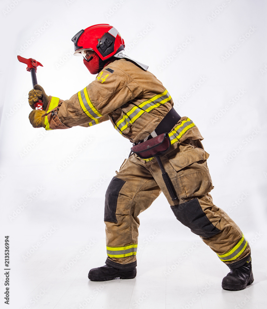 Fire fighter with ax on white Fire fighter with ax on white
