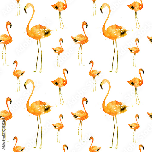 Hand Drawn Illustration With Flamingo. Exotic Summer Beach Motif. Swimwear Design  Wrapping  Background  Wallpaper  Fabric. Hawaiian Print. Jungle Birds Repeated Ornament. Aloha. Boho. Africa.