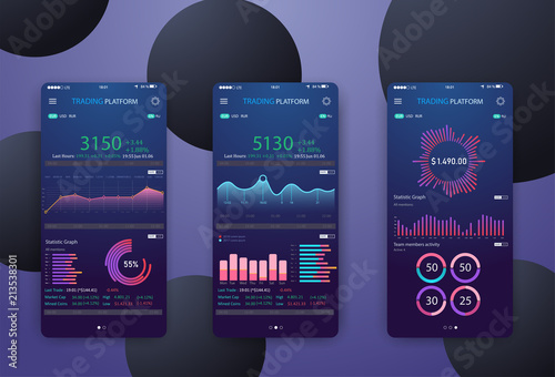  Mobile app infographic template with modern design weekly and annual statistics graphs. Pie charts, workflow, web design, UI elements. Vector EPS 10