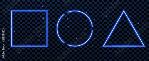 Set of blue luminous frames. Shining golden ring, square, triangle, on a dark background. Vector illustration