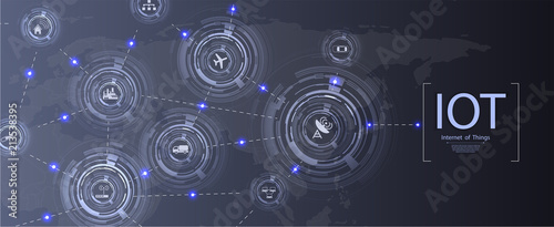Internet of things (IoT) and networking concept for connected devices. Spider web of network connections with on a futuristic blue background