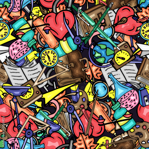 Vector seamless pattern retro drawing of different school objects. Theme back to school. Can be used for the background of a web page, fills drawings, wallpapers, surface textures.