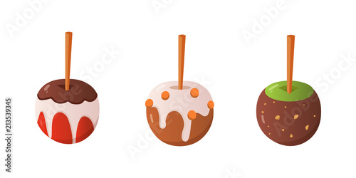 Sweet caramel and chocolate candy apple set. Vector illustration in cartoon style.