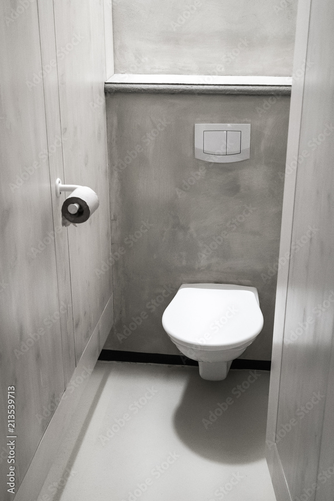 Prisnedsættelse barm retning Modern European toilet with gray concrete surface, Cabin with ceramic toilet  Stock Photo | Adobe Stock