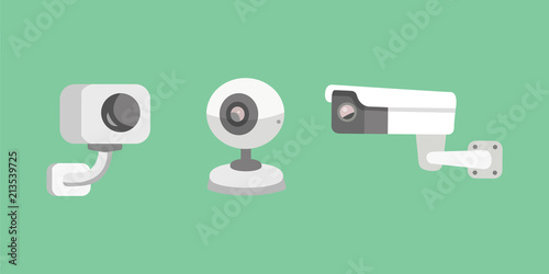 Vector set security camera. CCTV cartoon illustration. Safety and watching.