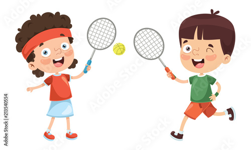 Vector Illustration Of Kid Playing Tennis	