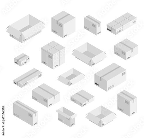 Vector different size sometric boxes set. Open and closed empty mail shipping white boxes with writings, bar codes. Small, big, long and short