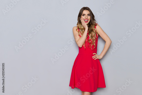 Surprised Beautiful Woman In Red Dress Is Holding Hand On Chin