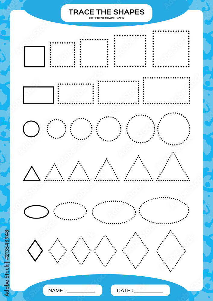 different shape sizes learning basic shapes trace and draw worksheet for preschool kids practicing motor skills square circle oval triangle blue stock vector adobe stock