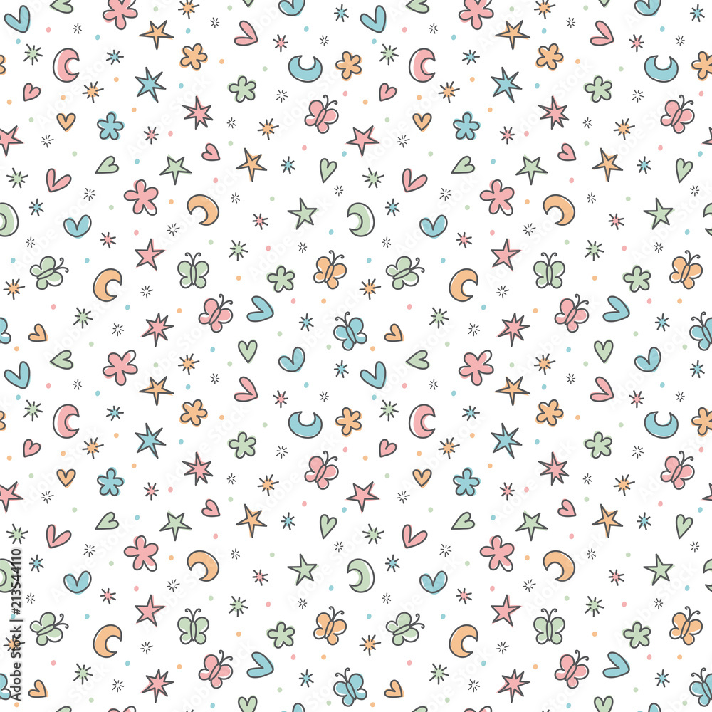 Cute seamless pattern with hand drawn cartoon elements for kids. Great for birthday, fabric, textile, cards. Background in scandinavian style