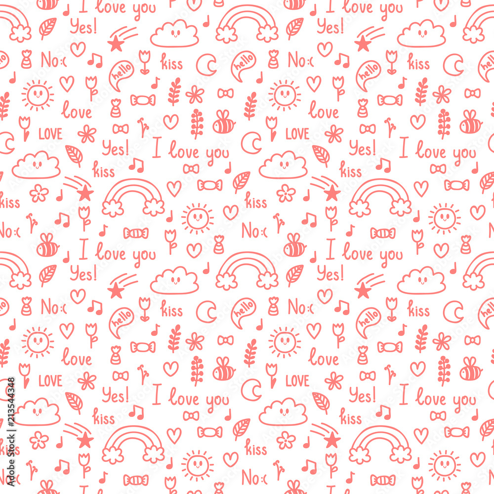 Hand drawn seamless pattern on love theme. Design for valentine and wedding. Cute background. Doodle, sketch Hand drawn seamless pattern on love theme. Design for valentine and wedding. Cute background. Doodle, sketch