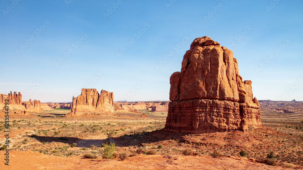 Iconic red sliprock formation called the Organ found along the road in Arches National Park