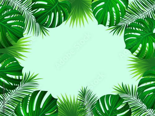 Tropical frame with exotic jungle plants  palm leaves  monstera and place for your text. Folliage background. Vector tropic design.Trendy bright gradient colors. Travel  summer  holiday  vacation card
