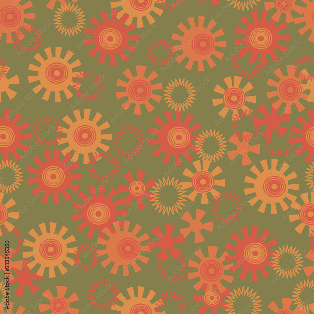 abstract background with circles and suns on green, seamless vector pattern