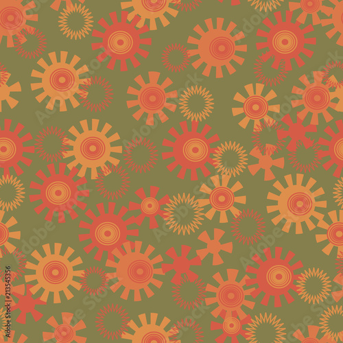 abstract background with circles and suns on green  seamless vector pattern