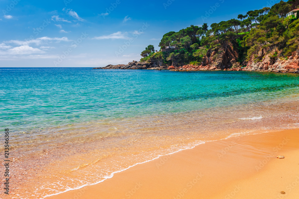 Fototapeta premium Sea landscape Llafranc near Calella de Palafrugell, Catalonia, Barcelona, Spain. Scenic old town with nice sand beach and clear blue water in bay. Famous tourist destination in Costa Brava