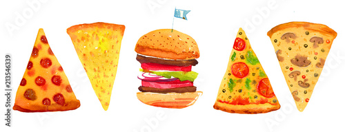 Assorted slices of pizza and burger. Hand drawn watercolor set for posters and cards