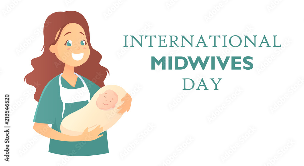 Banner with text International midwives day. A smiling female doctor holds a newborn baby in her arms. Vector illustration in cartoon style, isolated on white background. Banner with text International midwives day. A smiling female doctor holds a newborn baby in her arms. Vector illustration in cartoon style, isolated on white background.