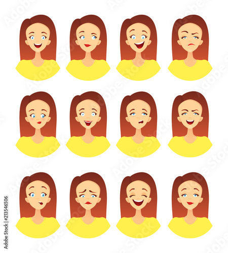 A large set of emotional icons. The face of a young woman in a cartoon style, avatars with a rounded ending. Vector Illustration.