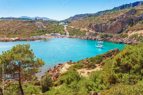 Sea skyview landscape photo Ladiko bay near Anthony Quinn bay on Rhodes island  Dodecanese  Greece. Panorama with nice sand beach and clear blue water. Famous tourist destination in South Europe